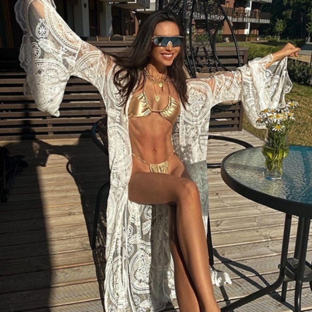 Boho Sheer Mesh Flounce Sleeve Belted Kimono - Picture 10 of 12